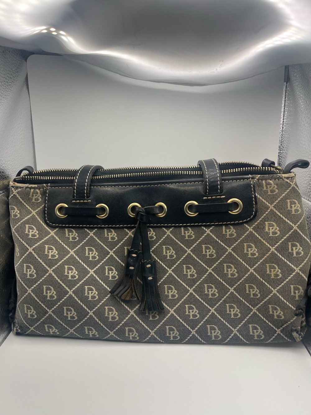 Dooney & Bourke Brown Logo Canvas Satchel with Black Trim and Tassel